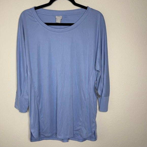 Chico’s Knit Top Sandwash Wedge Tunic Top 3/4 Sleeve Blue Veil Size 2 US SIZE 10 - Picture 1 of 11